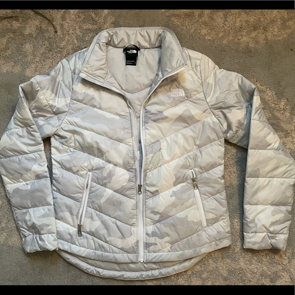 North Face white and gray camouflage puffer jacket